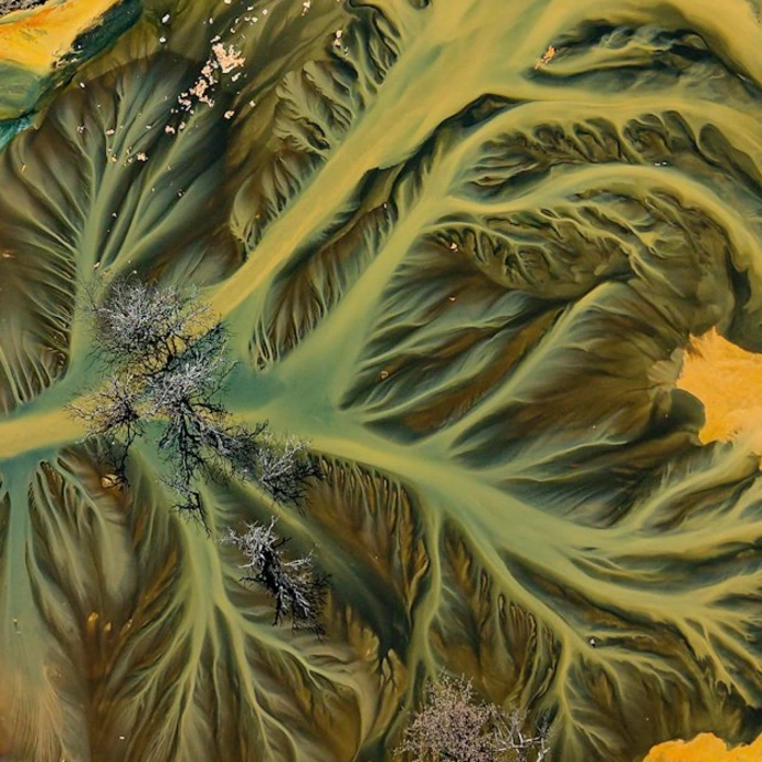 Aerial view of colorful industrial waste creating abstract patterns.