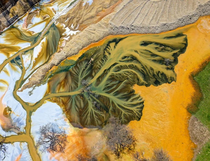 Aerial view of colorful industrial waste creating abstract patterns.